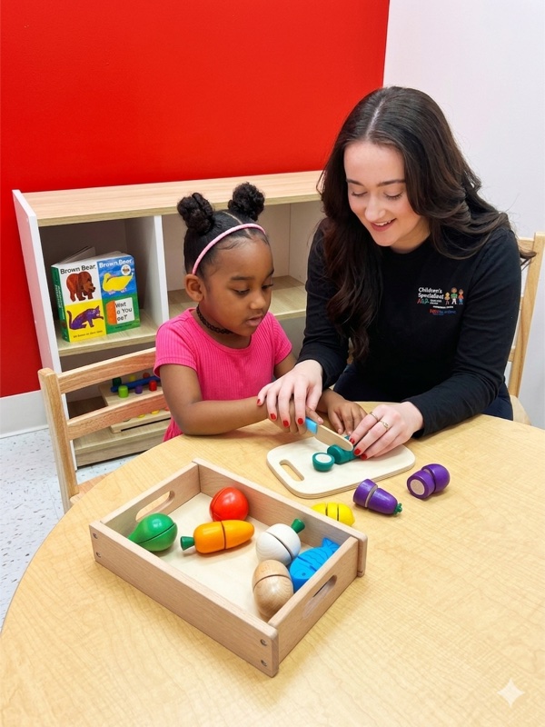 Play kitchen and reading corner with shapes rug